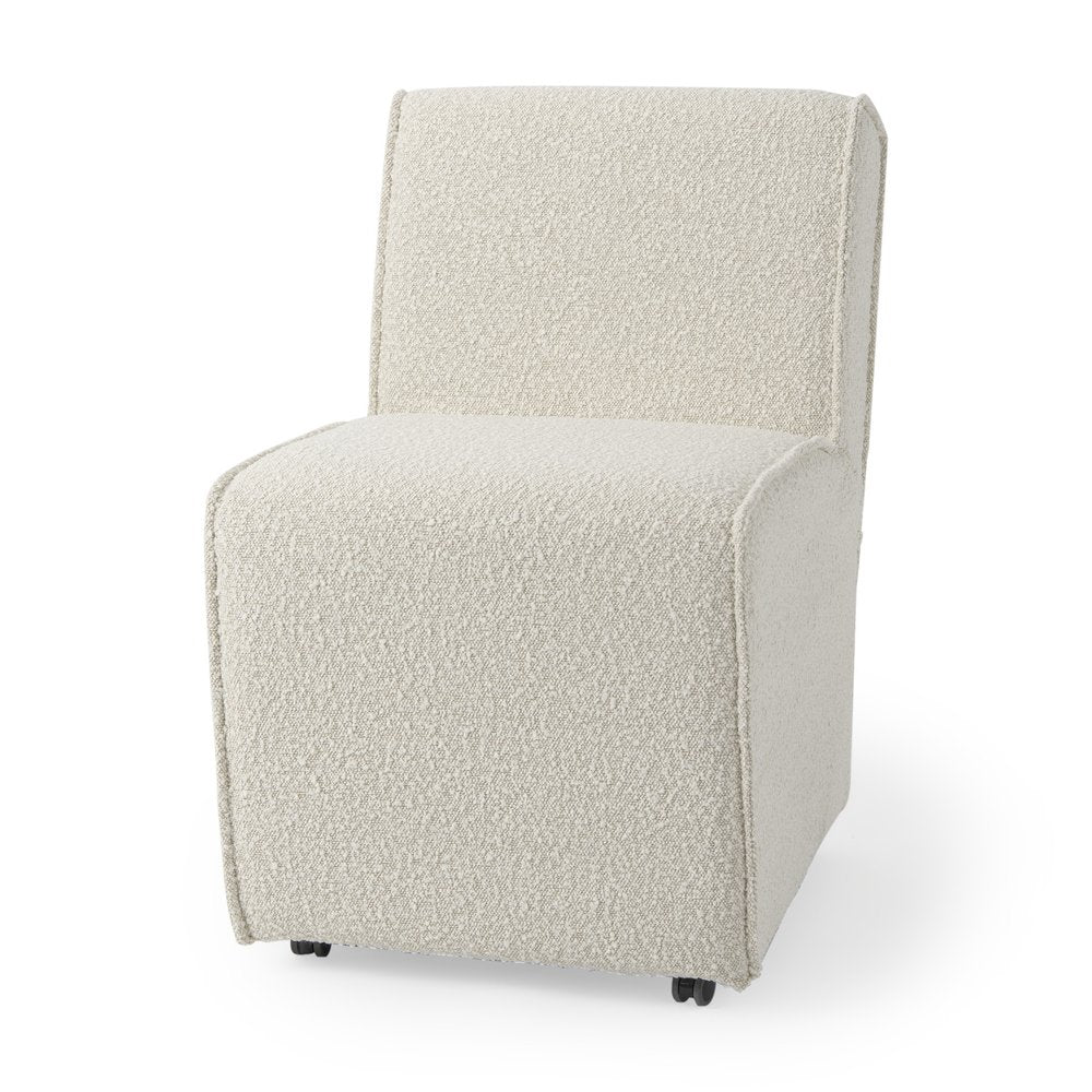 Set of Two Cream Boucle Swivel Dining Side Chairs With Wheels