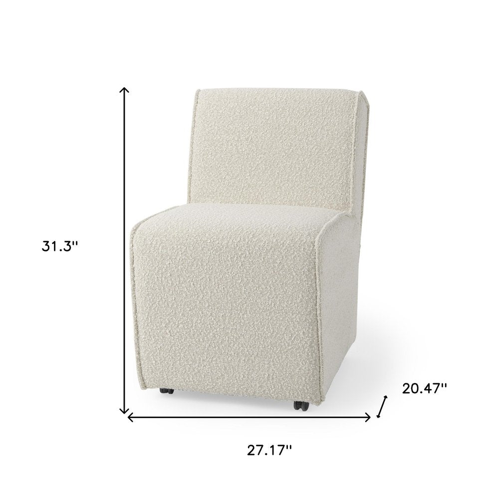 Set of Two Cream Boucle Swivel Dining Side Chairs With Wheels
