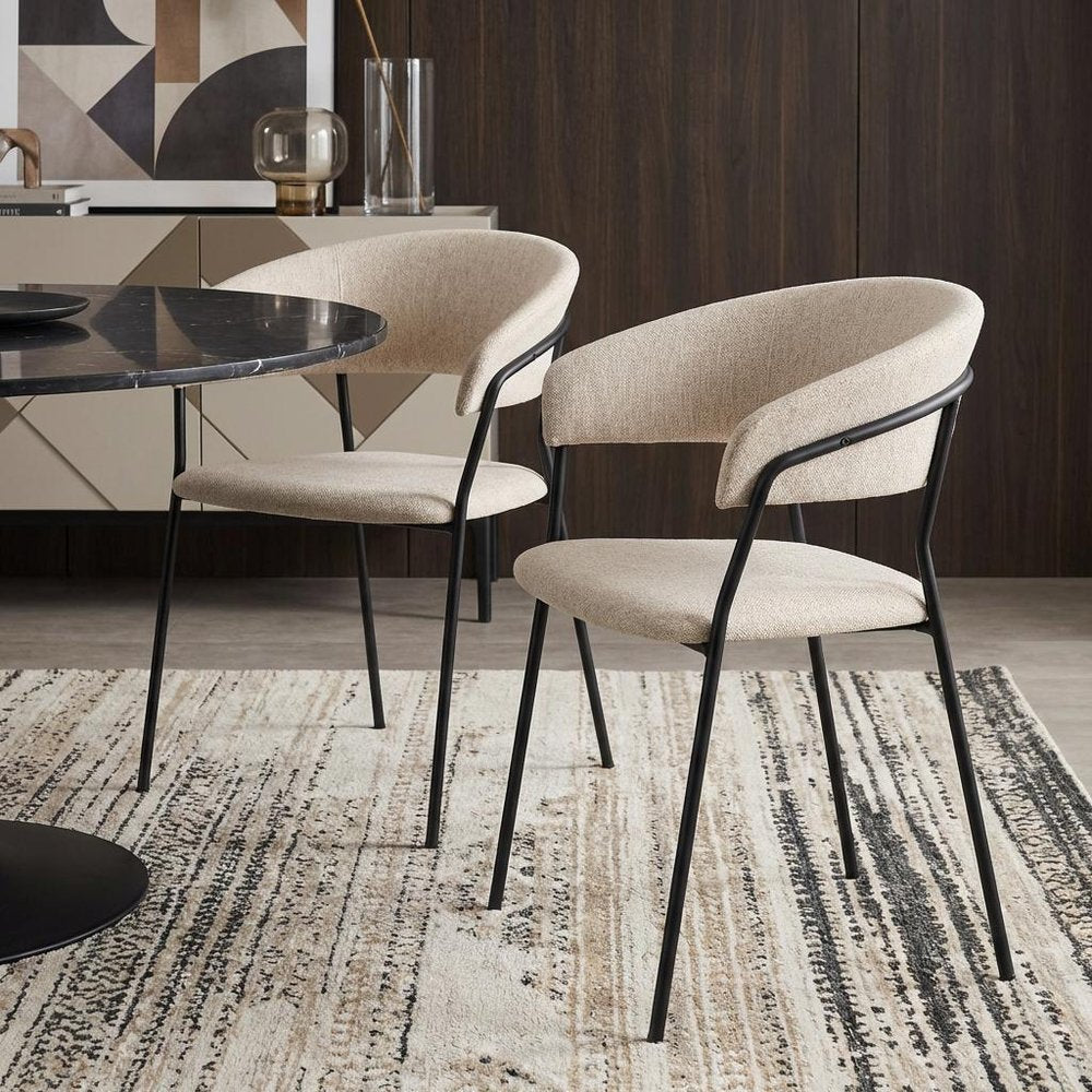 Set of Two Beige and Black Fabric Open Back Dining Arm Chairs