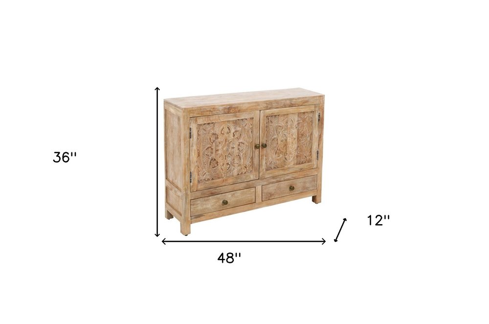 48" White Distressed Solid Wood Carved Floral Two Drawer Sideboard With Two Doors