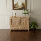 48" White Distressed Solid Wood Carved Floral Two Drawer Sideboard With Two Doors