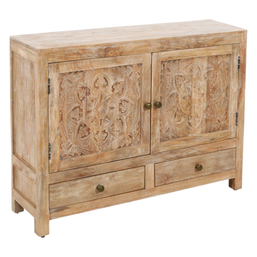 48" White Distressed Solid Wood Carved Floral Two Drawer Sideboard With Two Doors