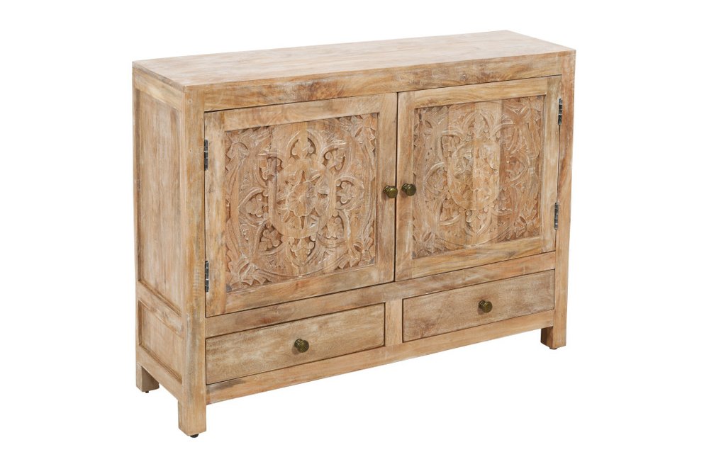 48" White Distressed Solid Wood Carved Floral Two Drawer Sideboard With Two Doors