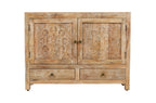 48" White Distressed Solid Wood Carved Floral Two Drawer Sideboard With Two Doors