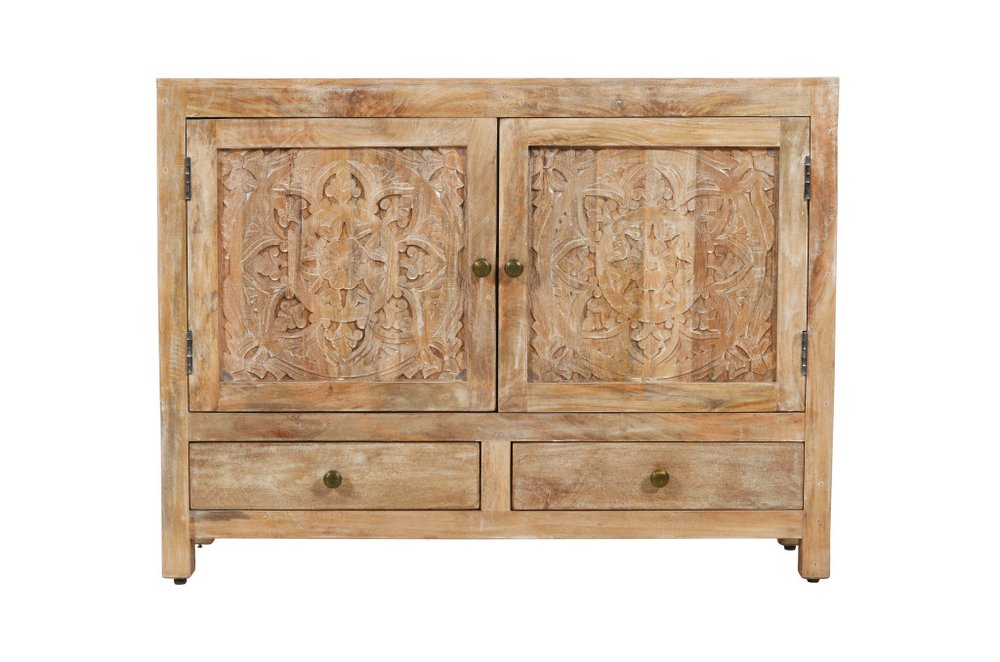 48" White Distressed Solid Wood Carved Floral Two Drawer Sideboard With Two Doors
