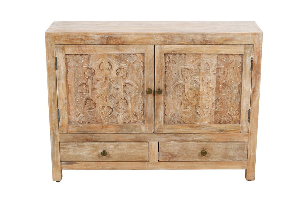 48" White Distressed Solid Wood Carved Floral Two Drawer Sideboard With Two Doors