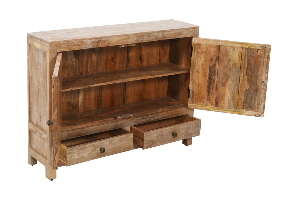 48" White Distressed Solid Wood Carved Floral Two Drawer Sideboard With Two Doors