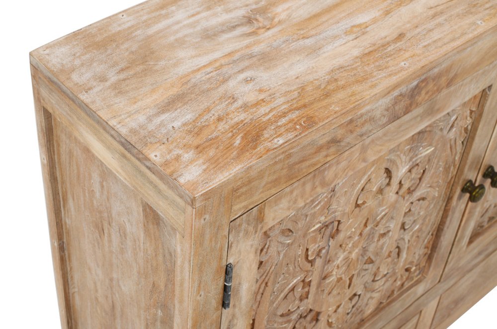 48" White Distressed Solid Wood Carved Floral Two Drawer Sideboard With Two Doors