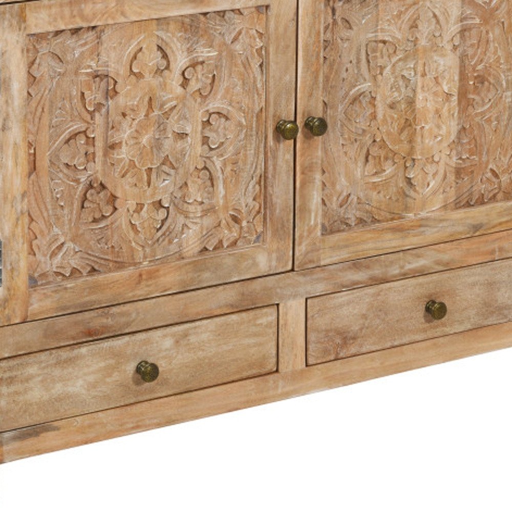 48" White Distressed Solid Wood Carved Floral Two Drawer Sideboard With Two Doors