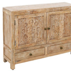 48" White Distressed Solid Wood Carved Floral Two Drawer Sideboard With Two Doors