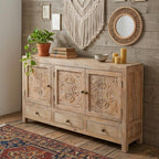 64" Natural Solid Wood Carved Floral Three Drawer Sideboard With Three Doors