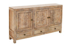 64" Natural Solid Wood Carved Floral Three Drawer Sideboard With Three Doors