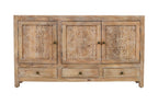 64" Natural Solid Wood Carved Floral Three Drawer Sideboard With Three Doors