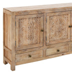 64" Natural Solid Wood Carved Floral Three Drawer Sideboard With Three Doors