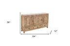 64" Natural Solid Wood Carved Floral Three Drawer Sideboard With Three Doors