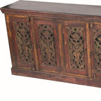 90" Red Distressed Solid Wood Carved Scrollwork Buffet Table With Six Doors