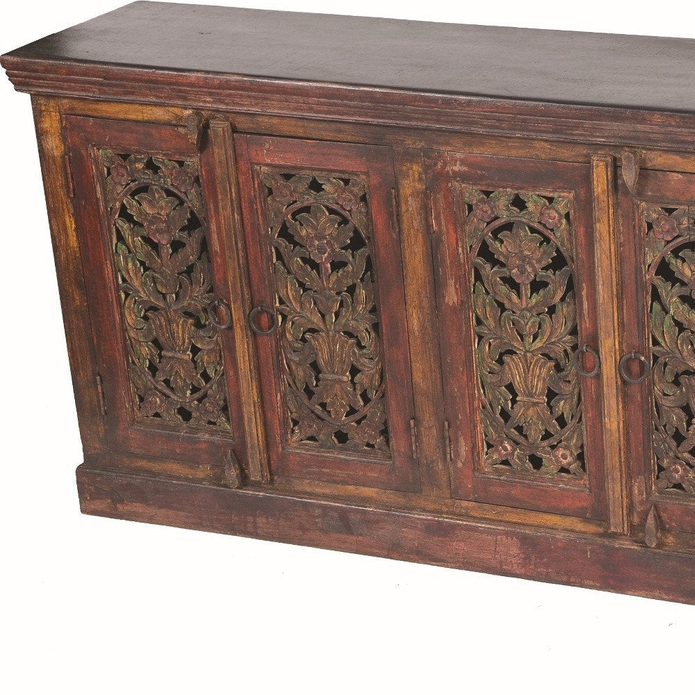 90" Red Distressed Solid Wood Carved Scrollwork Buffet Table With Six Doors