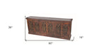 90" Red Distressed Solid Wood Carved Scrollwork Buffet Table With Six Doors