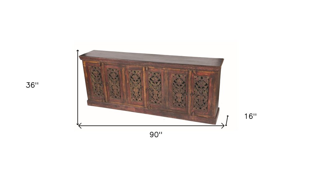 90" Red Distressed Solid Wood Carved Scrollwork Buffet Table With Six Doors