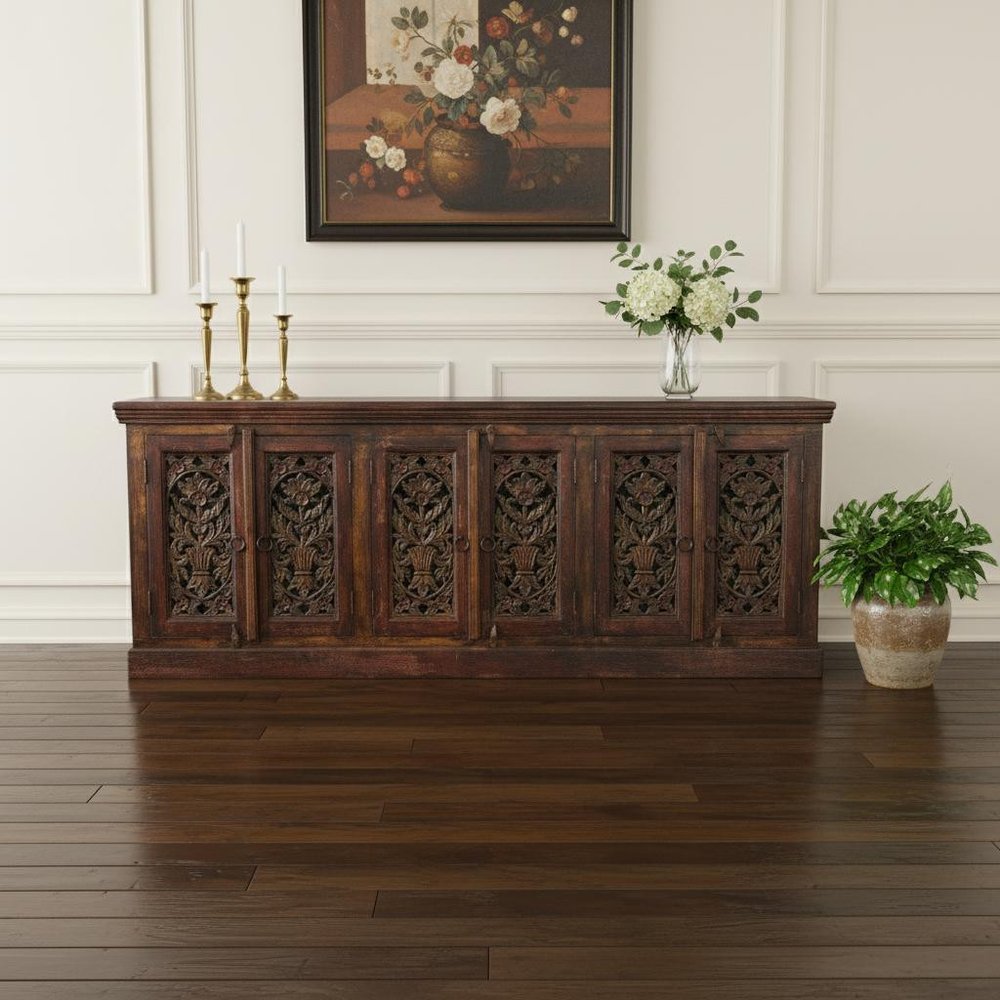 90" Red Distressed Solid Wood Carved Scrollwork Buffet Table With Six Doors