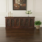 90" Red Distressed Solid Wood Carved Scrollwork Buffet Table With Six Doors