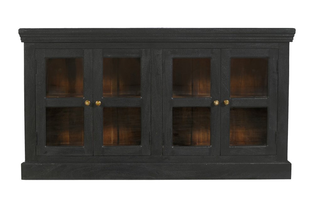 62" Charcoal Distressed Solid Wood Sideboard with Four Glass Doors