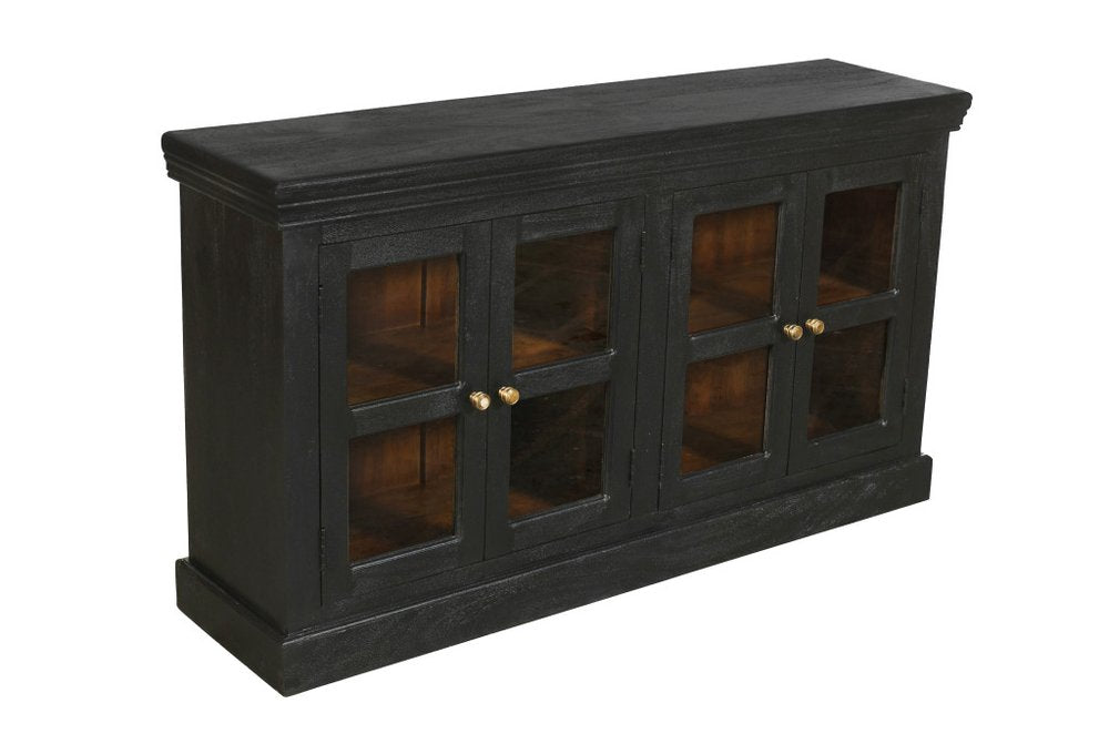 62" Charcoal Distressed Solid Wood Sideboard with Four Glass Doors