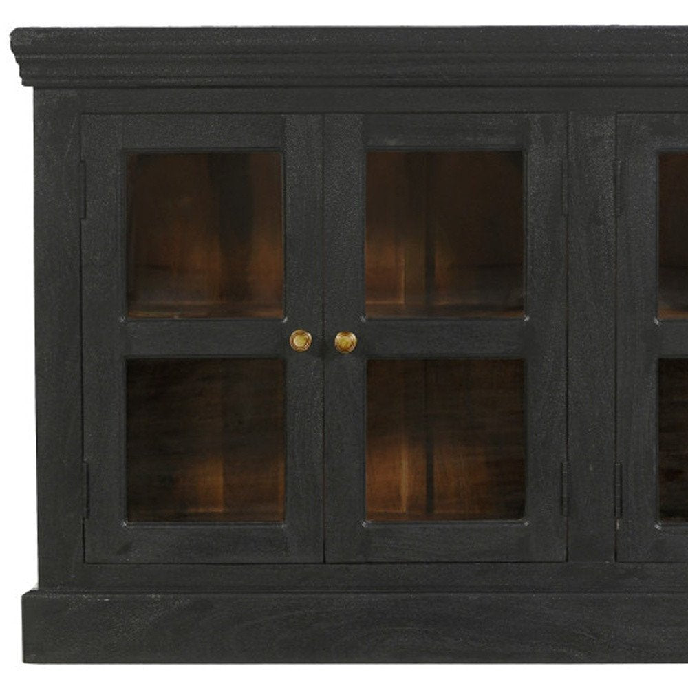 62" Charcoal Distressed Solid Wood Sideboard with Four Glass Doors