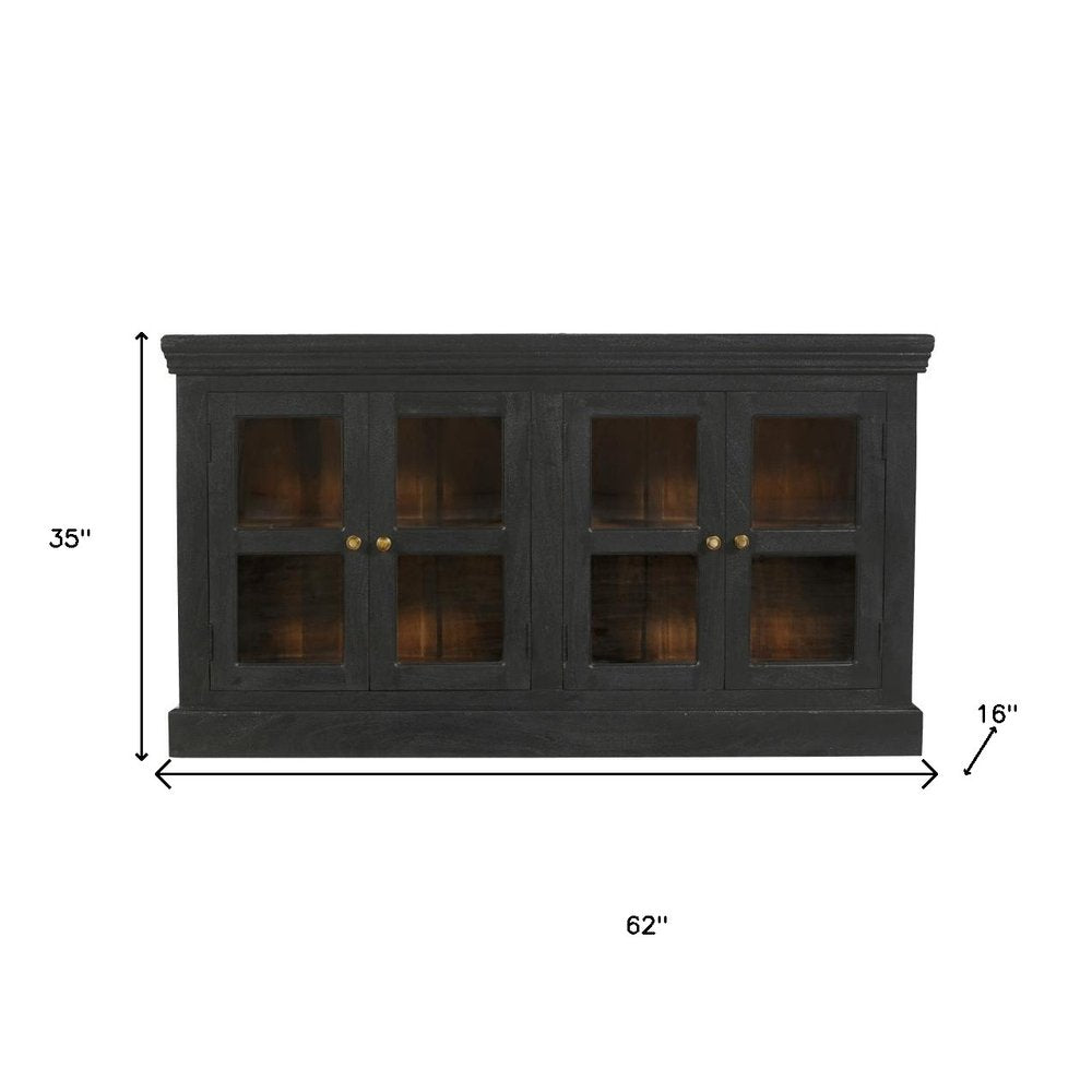 62" Charcoal Distressed Solid Wood Sideboard with Four Glass Doors