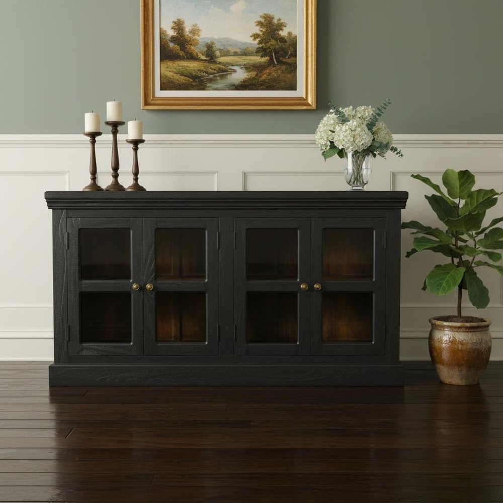 62" Charcoal Distressed Solid Wood Sideboard with Four Glass Doors