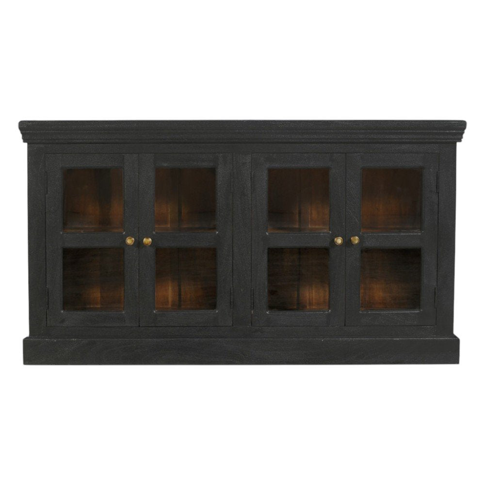 62" Charcoal Distressed Solid Wood Sideboard with Four Glass Doors