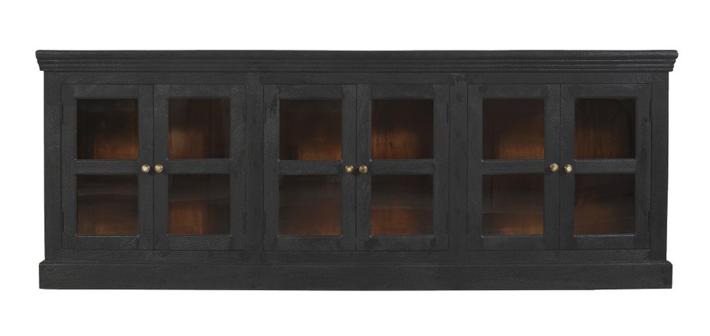 93" Charcoal Distressed Solid Wood Sideboard With Six Glass Doors