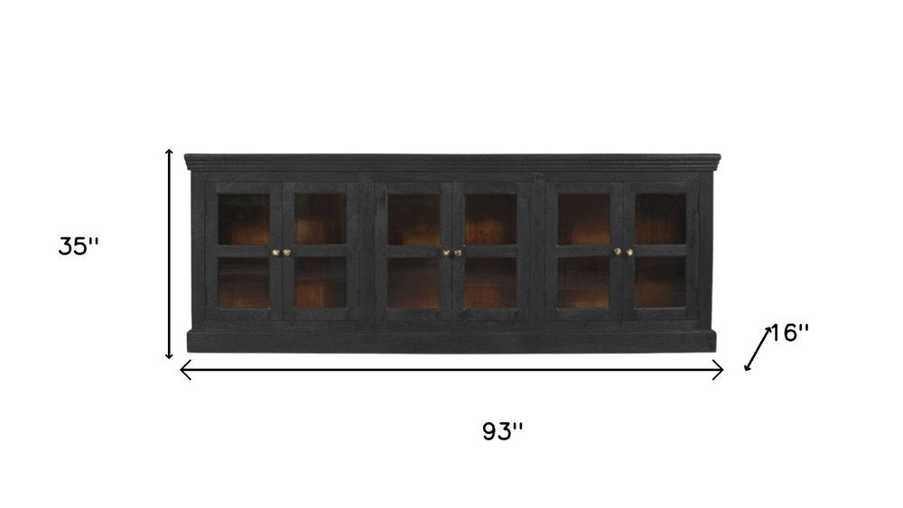 93" Charcoal Distressed Solid Wood Sideboard With Six Glass Doors