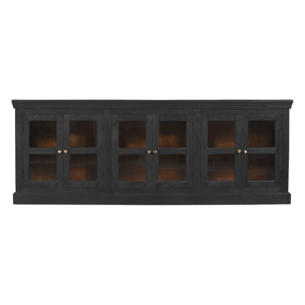 93" Charcoal Distressed Solid Wood Sideboard With Six Glass Doors