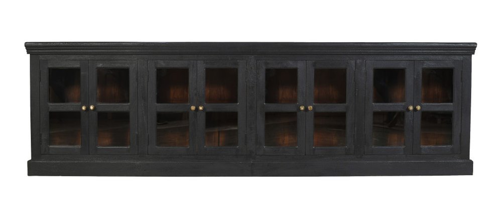 118" Charcoal Distressed Solid Wood Sideboard With 8 Glass Doors