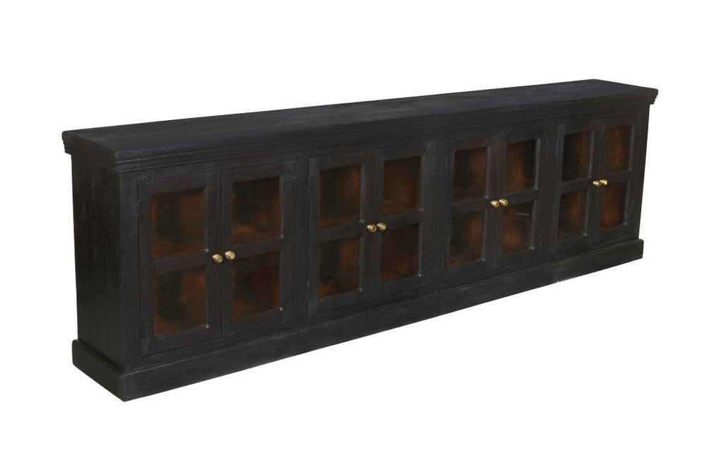 118" Charcoal Distressed Solid Wood Sideboard With 8 Glass Doors