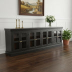 118" Charcoal Distressed Solid Wood Sideboard With 8 Glass Doors