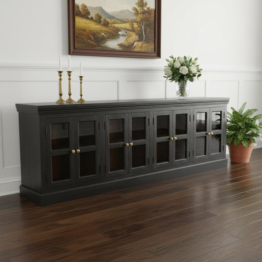 118" Charcoal Distressed Solid Wood Sideboard With 8 Glass Doors