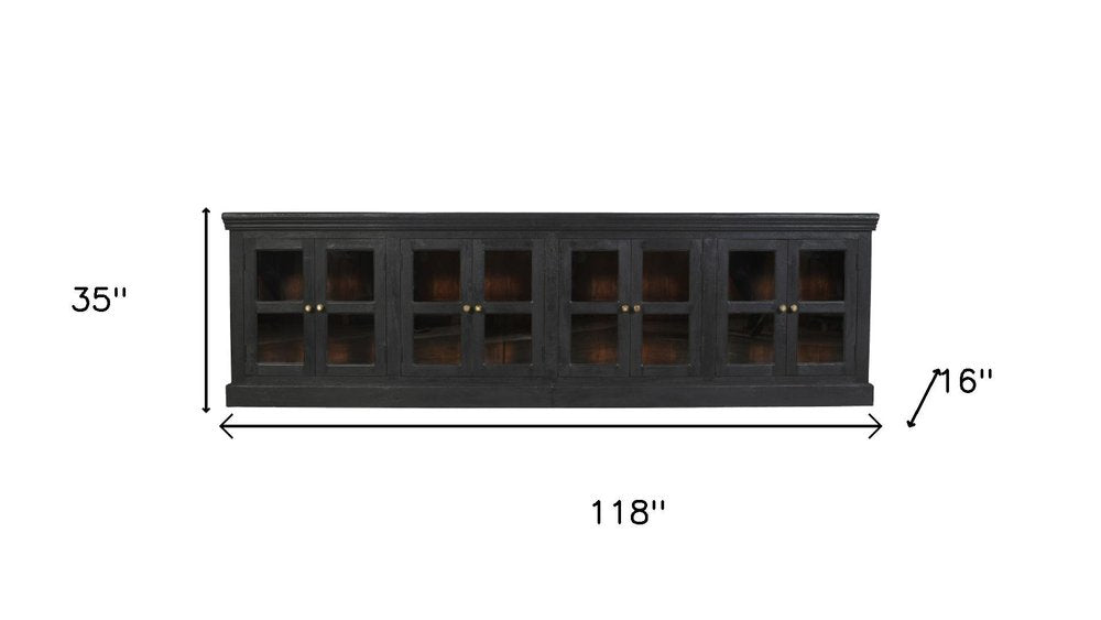 118" Charcoal Distressed Solid Wood Sideboard With 8 Glass Doors