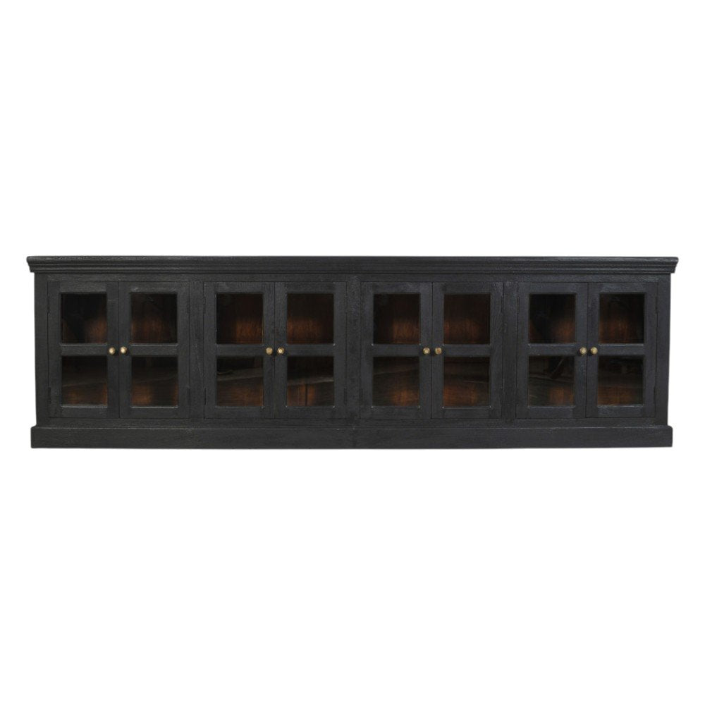 118" Charcoal Distressed Solid Wood Sideboard With 8 Glass Doors