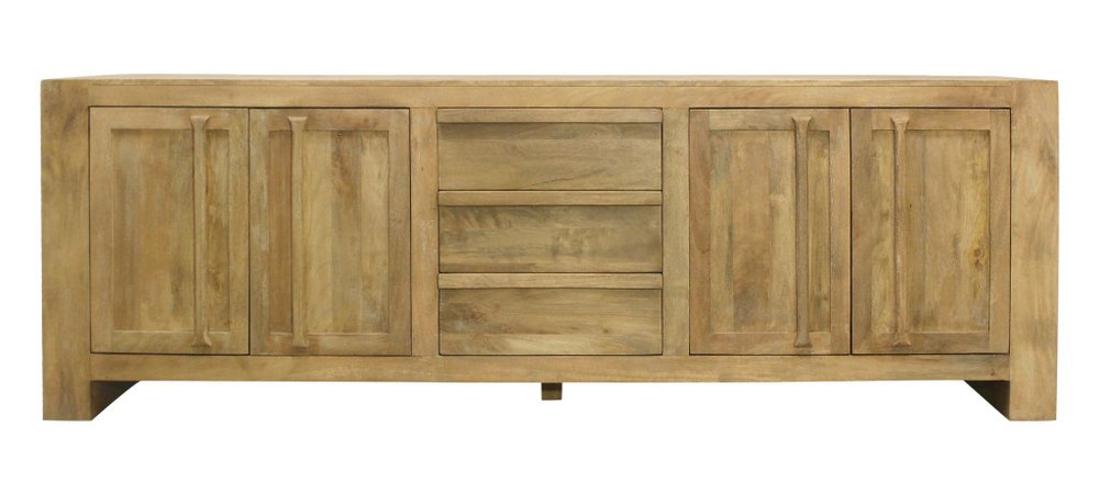 94" Natural Distressed Solid Wood Three Drawer Sideboard With Four Doors