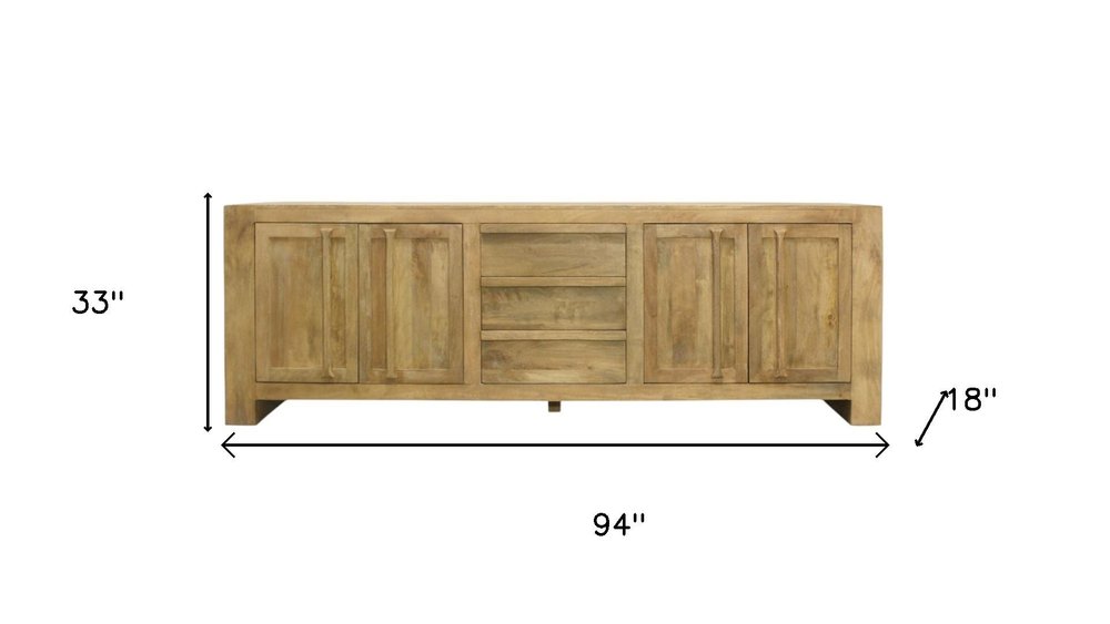 94" Natural Distressed Solid Wood Three Drawer Sideboard With Four Doors