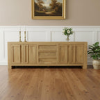 94" Natural Distressed Solid Wood Three Drawer Sideboard With Four Doors