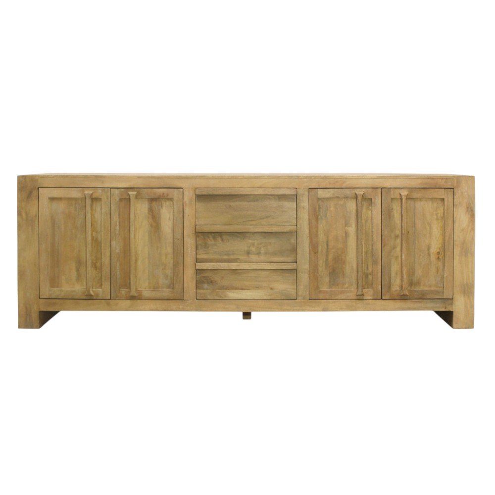 94" Natural Distressed Solid Wood Three Drawer Sideboard With Four Doors