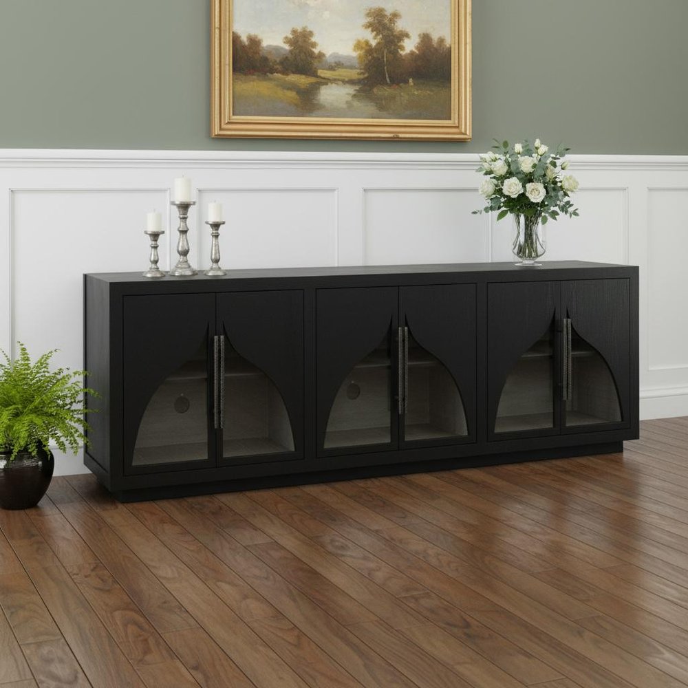 95" Dark Brown Distressed Solid Wood Sideboard with Six Doors