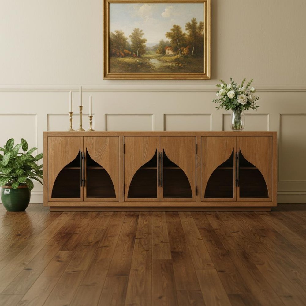 95" Natural Distressed Solid Wood Sideboard with Six Doors