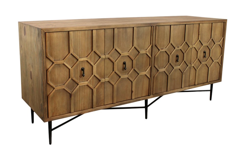71" Brown Distressed Reclaimed Wood Carved Geometric Sideboard With Four Doors