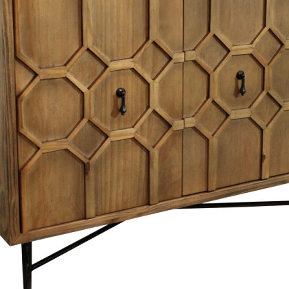 71" Brown Distressed Reclaimed Wood Carved Geometric Sideboard With Four Doors