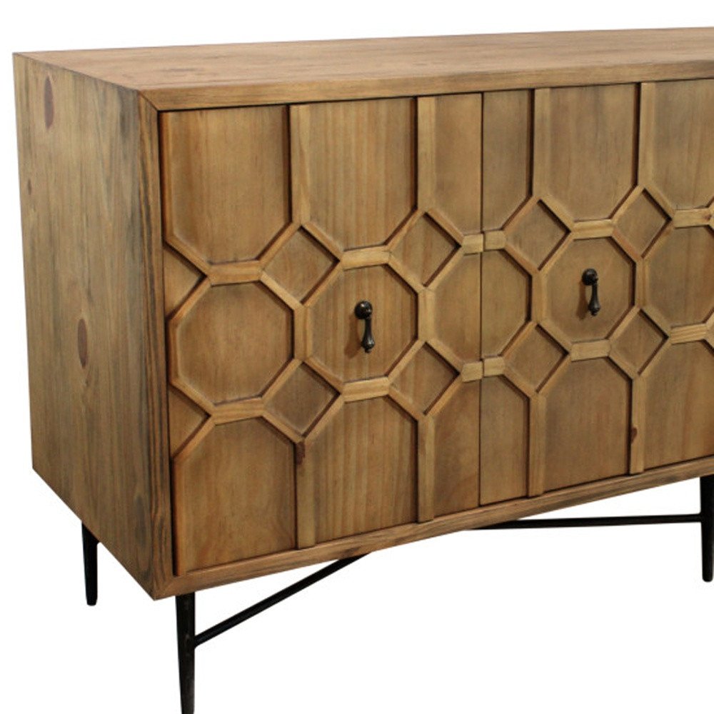 71" Brown Distressed Reclaimed Wood Carved Geometric Sideboard With Four Doors