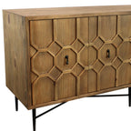 71" Brown Distressed Reclaimed Wood Carved Geometric Sideboard With Four Doors